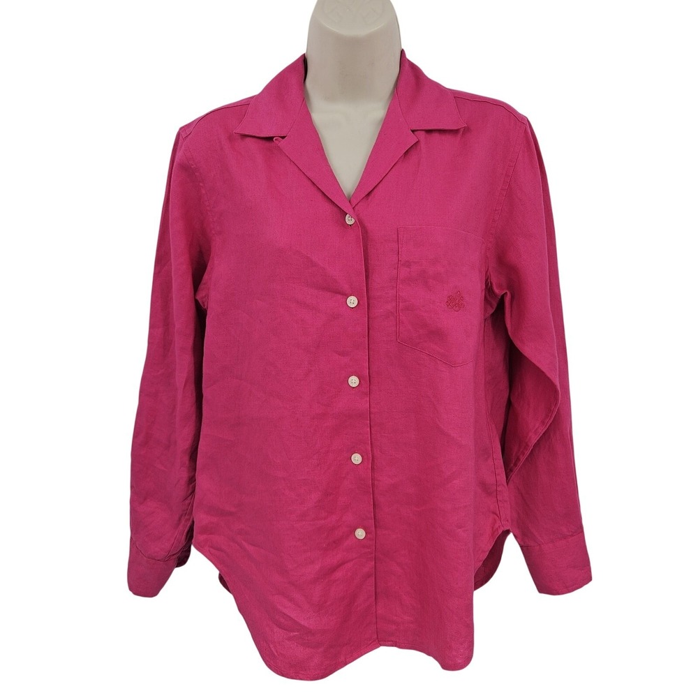 Lauren Ralph Lauren Linen Oxford Shirt Women Petite‎ S Pink Button Up Coastal